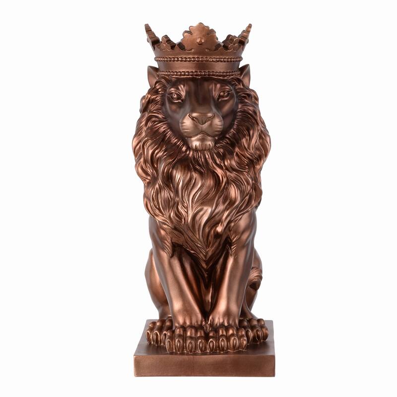 Sitting Crowned Lion Statue - 14.5" - Bronze