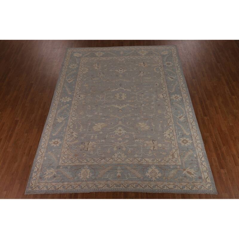 Vegetable Dye Floral Oushak Turkish Rug Hand-Knotted Grey Wool Carpet - 9'4"x 11'8"
