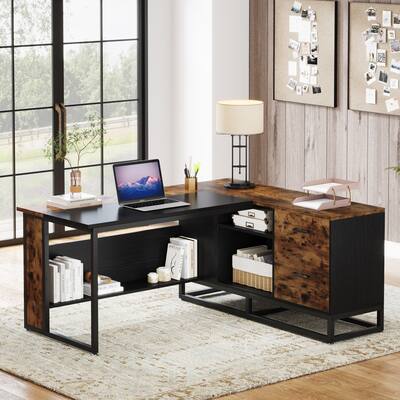 63" L-Shaped Executive Desk, Large Office Desk with Drawers and Shelves, Home Office Workstation, Brown & Black