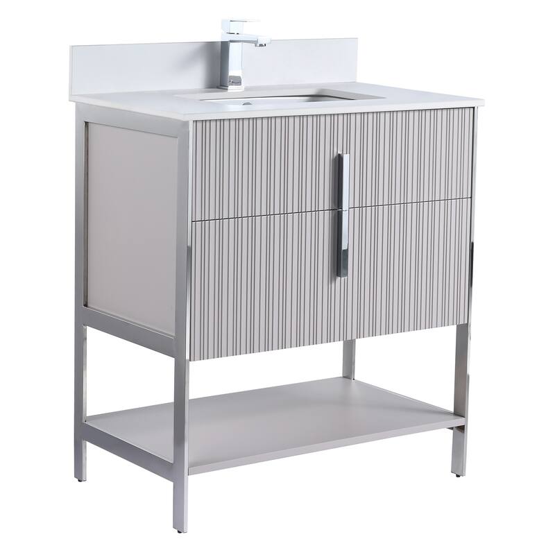 Fine Fixtures Serenity Modern Bathroom Vanity with White Stone Top - Bright Taupe - Chrome Hardware - 30 inch