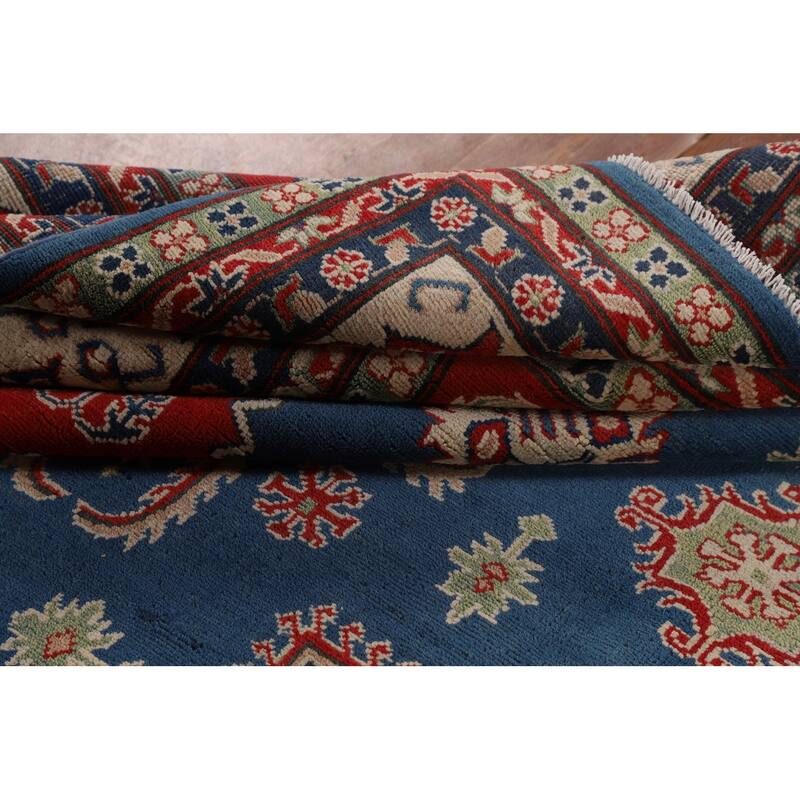 Blue Geometric Kazak Large Area Rug Hand-Knotted Wool Carpet - 9'9" x 13'2"