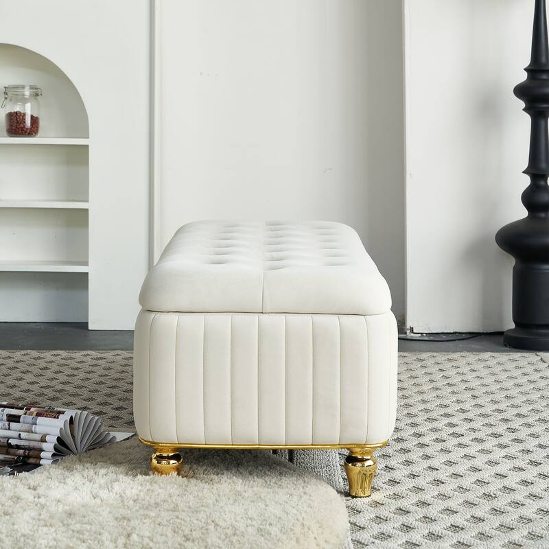 Beige Storage Bench Ottoman Bench with Safety Hinge, Footstool End of Bed Bench Vanity Bench Lounge Bench