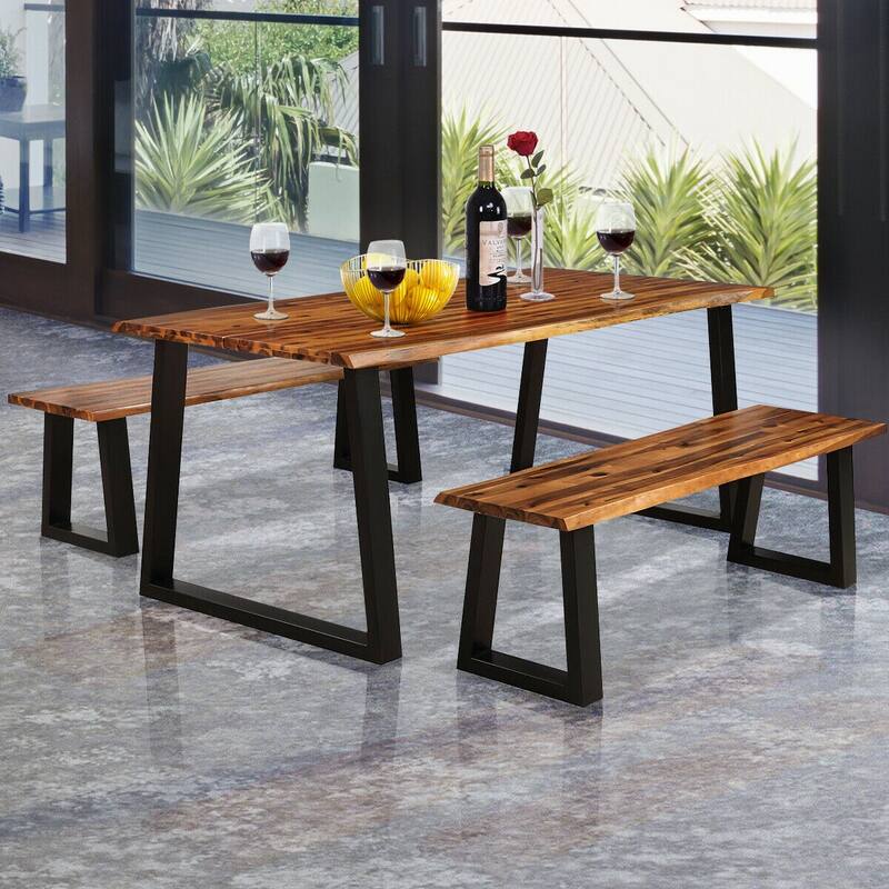 Gymax Rectangular Acacia Wood Dining Table Rustic Indoor &Outdoor - Brown + Black - See Details