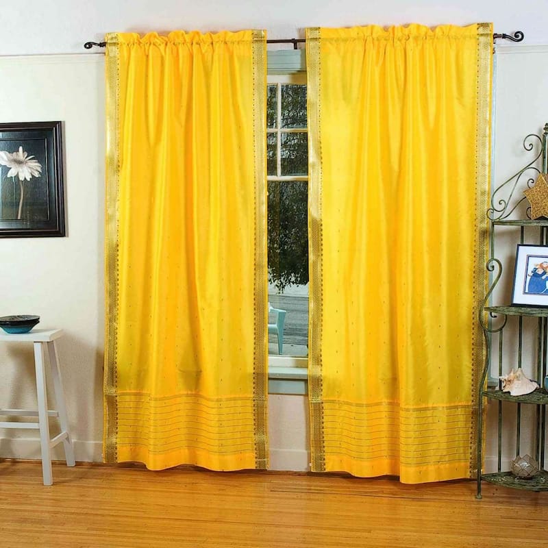 Yellow Rod Pocket Sheer Sari Curtain / Drape / Panel - Pair - 43" W X 63" L (Lined) - 63 Inches
