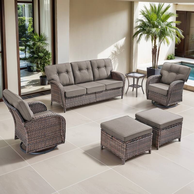 Gymojoy 6-Piece Outdoor Wicker Patio Furniture Set, 5" Thick Cushioned Rattan Set with Swivel Chairs & Ottomans