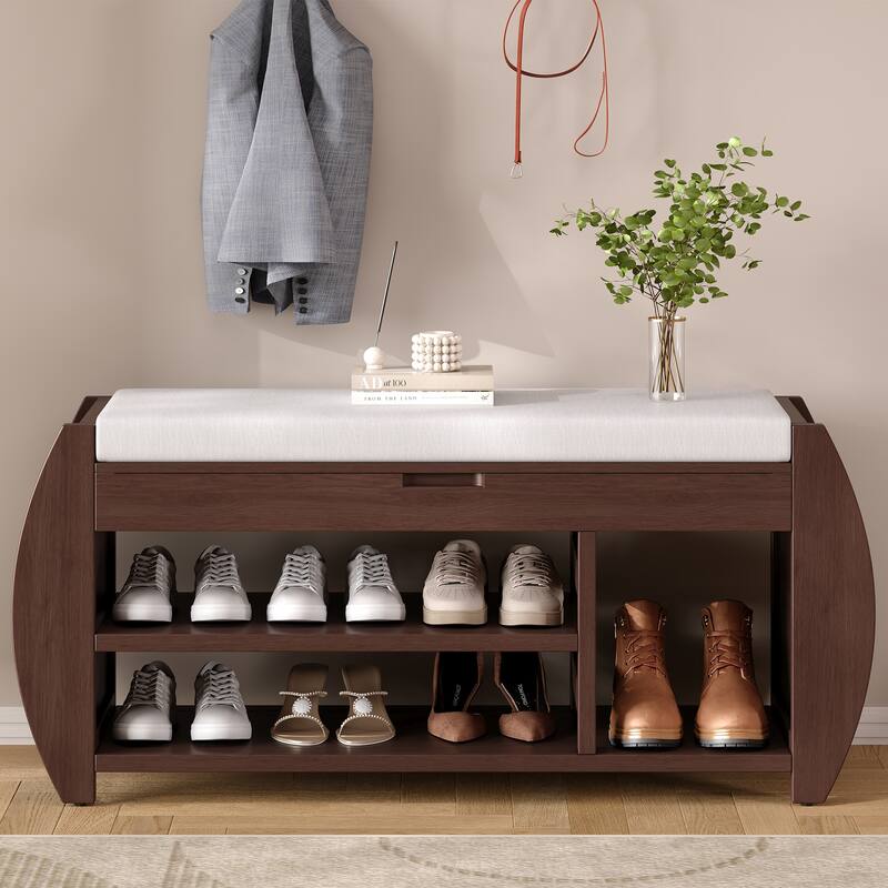 Wooden Panel 2-Tier Shoe Bench with Cushion & Curved Side Holder - Espresso