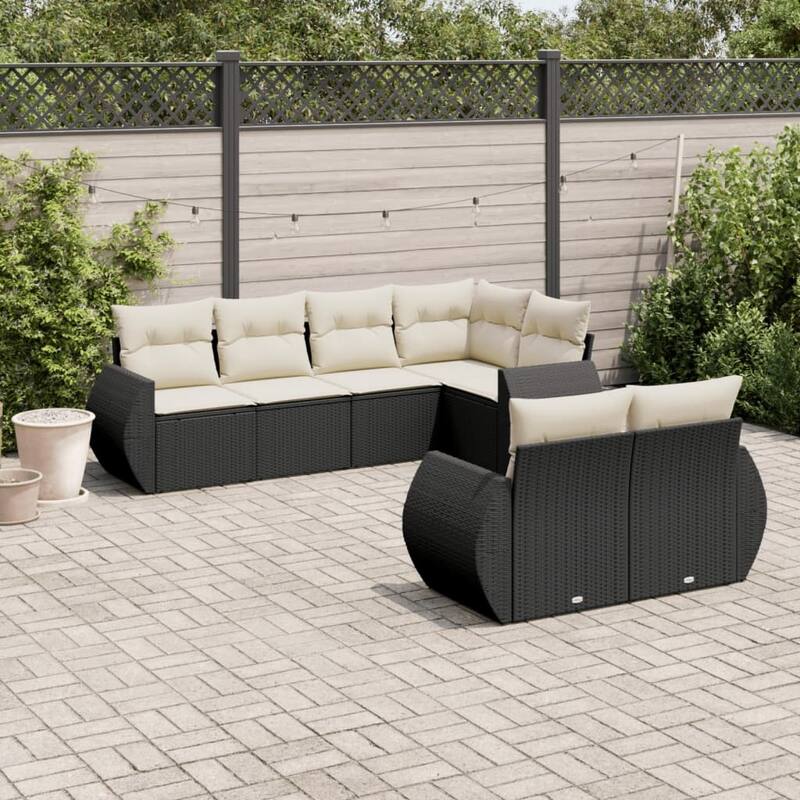 vidaXL Patio Sofa Set with Cushions Outdoor Furniture 7 Piece Poly Rattan - Black and cream