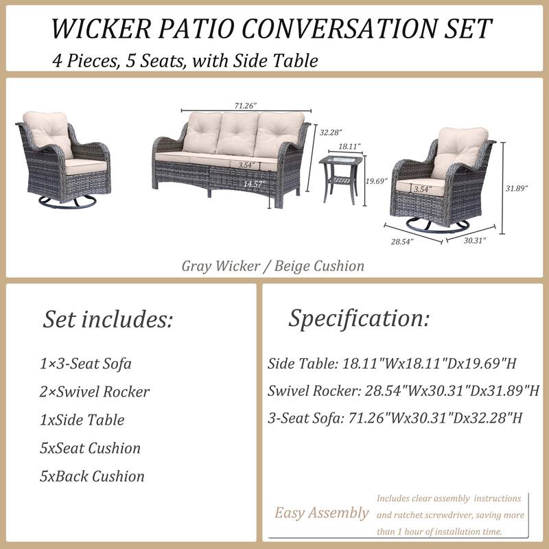 4 Piece Patio Furniture Seating Sofa Set with Swivel Chair and Cushion