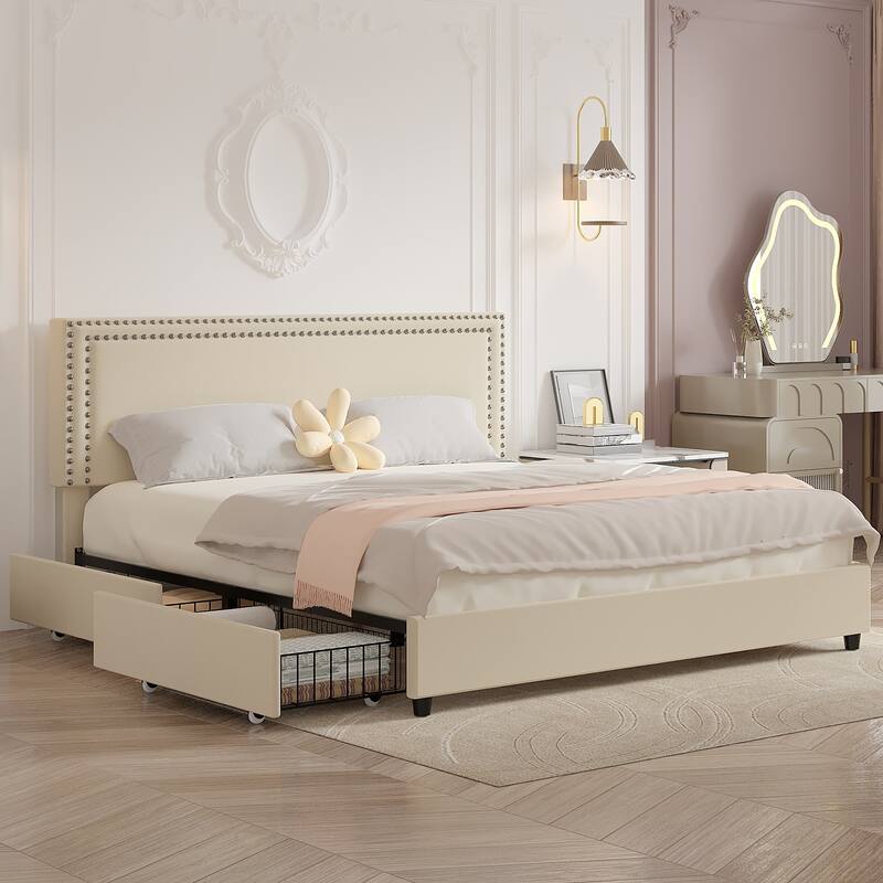 VECELO Upholstered Storage Bed Frames with 4 Storage Drawers, Platform Bed Frame with Adjustable Velvet Rivets Headboard