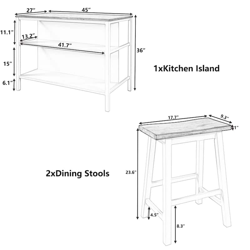 Rubber Wood Top Kitchen Island Set with Seating and Open Shelve, 3pc
