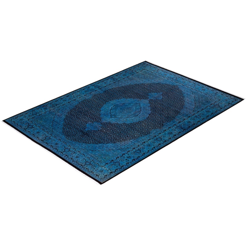 Overton Hand Knotted Wool Vintage Inspired Modern Contemporary Overdyed Blue Area Rug - 6' 1" x 8' 9"
