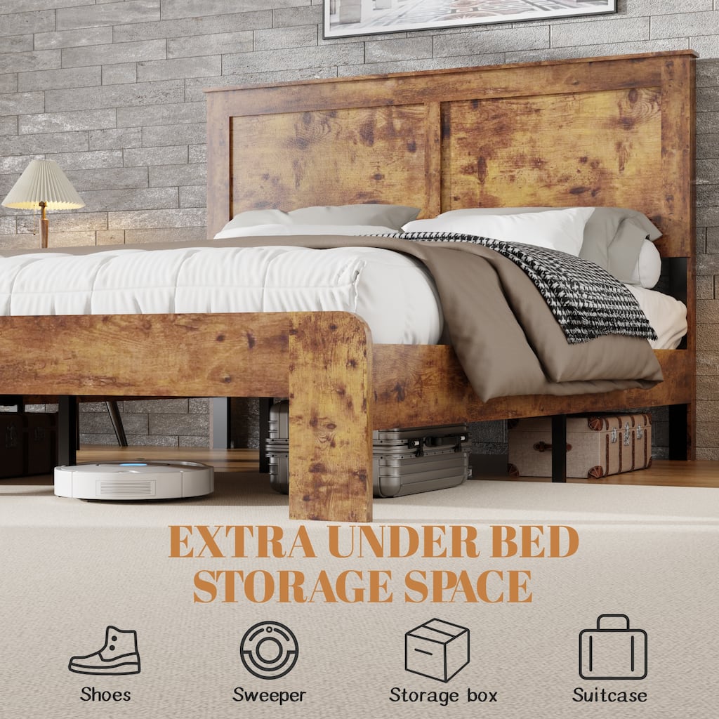 Platform Bed Wood Bed Frame with Wood Slats and Metal Cross Support, Noise-Free, Large Under Bed Storage, No Box Spring Needed