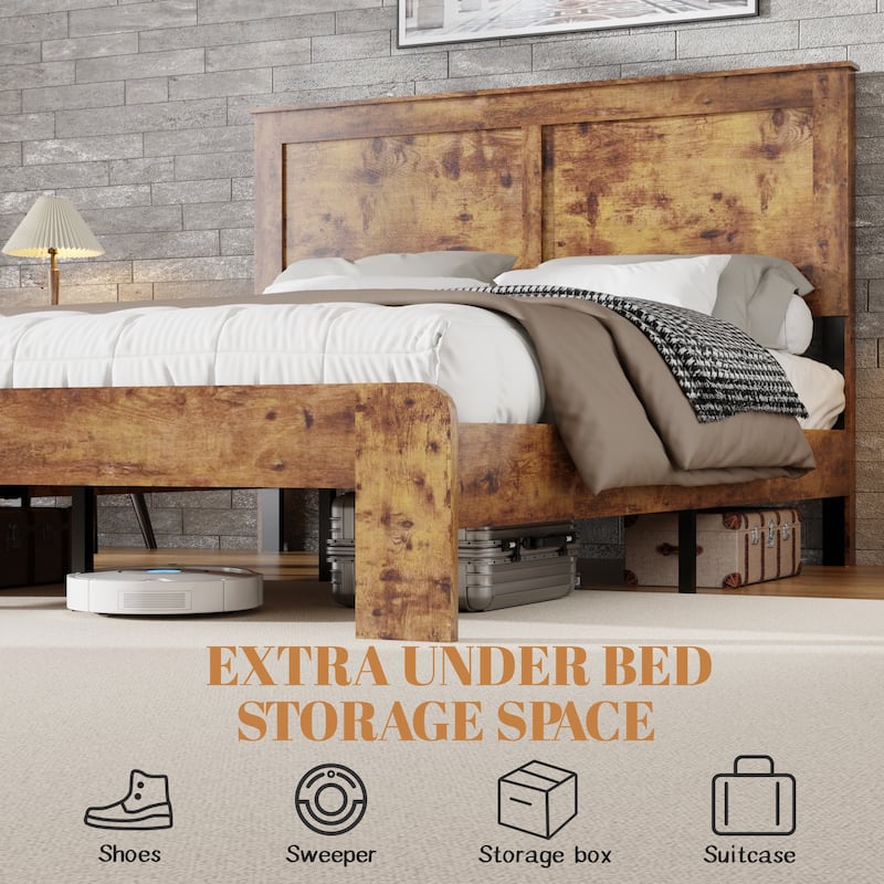 Wooden Bed Frame, Platform Bed with Large Under Bed Storage Space