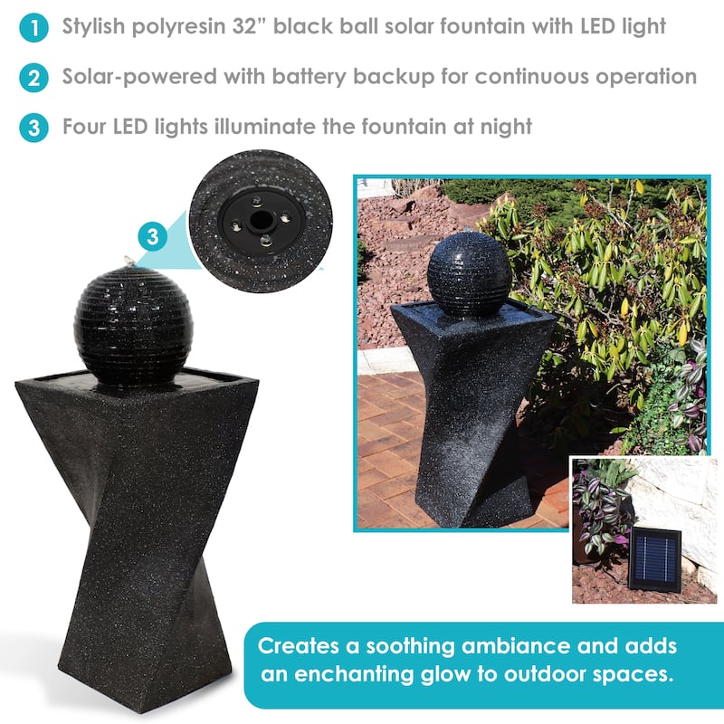 Black Ball Solar Outdoor Water Fountain with Battery - 32" with LED