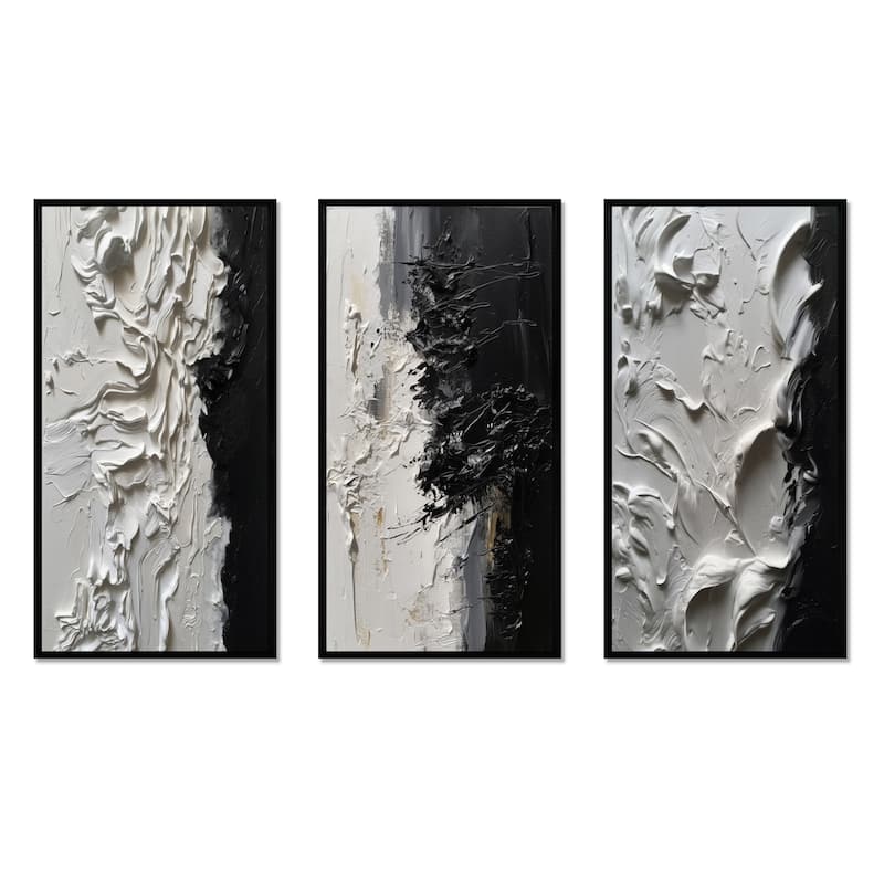 Designart "White And Black Tranquility Unleashed III" Abstract Marble Framed Wall Art Set Of 3 For Office Decor
