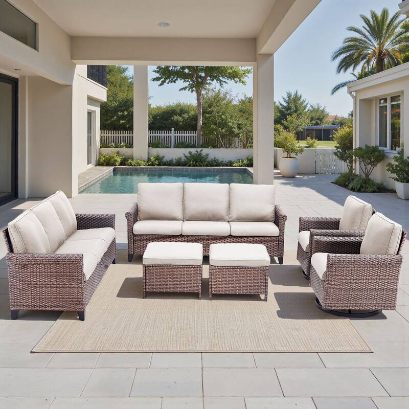 Pocassy Outdoor Sofa with Swivel Chairs Funiture Set - 6PCS Sofa Swivel Chair w/ Ottoman - Brown Wicker Blue Cushion