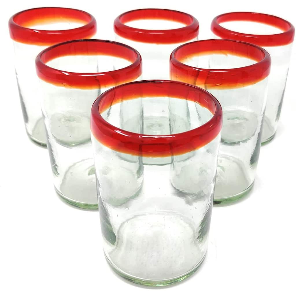 Dos Sueños Hand Blown Mexican Drinking Glasses - Set of 6 Red Rim Drinking Glasses (14 oz each)