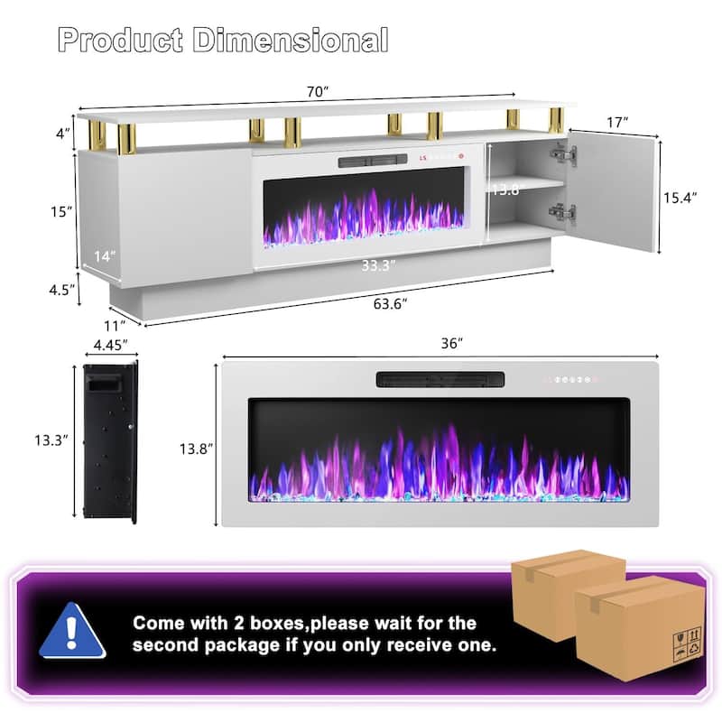 BOSSIN 70" Modern Electric Fireplace TV Stand, with Electronic Flame and LED Lights, High Gloss Finish Entertainment Center