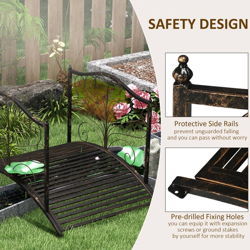 Outsunny 4’ Metal Arch Backyard Garden Bridge with Safety Siderails, Delicate Scrollwork, & Easy Assembly, Black Bronze