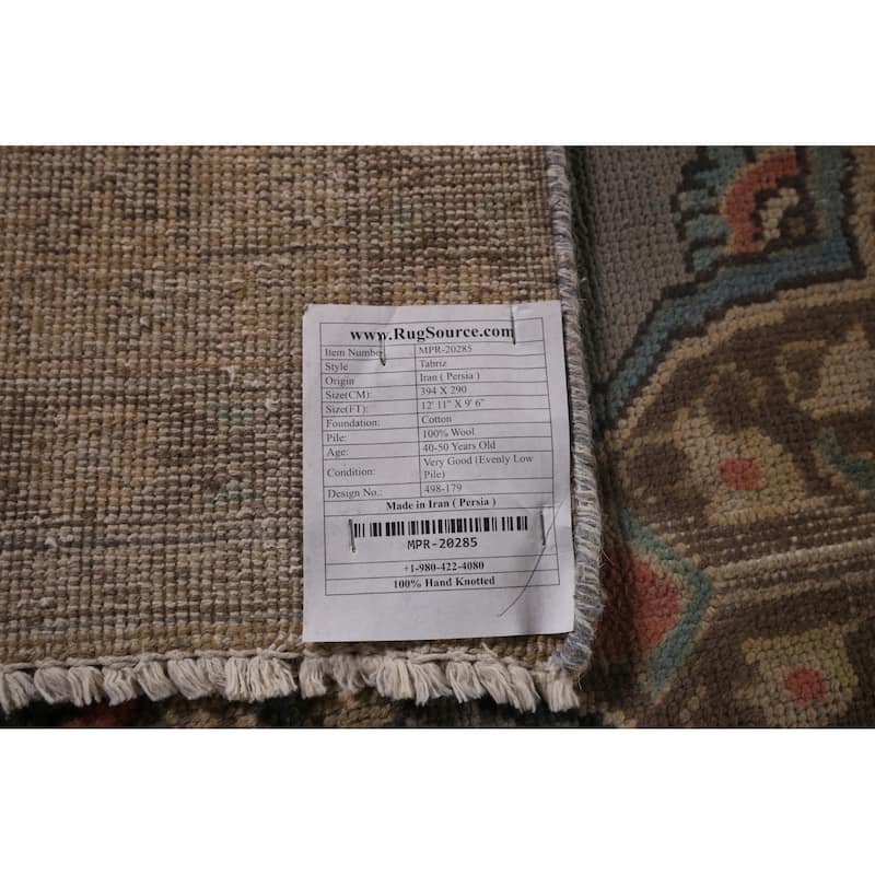 Traditional Gray Tabriz Persian Vintage Rug Hand-Knotted Wool Carpet - 9'6"x 12'11"