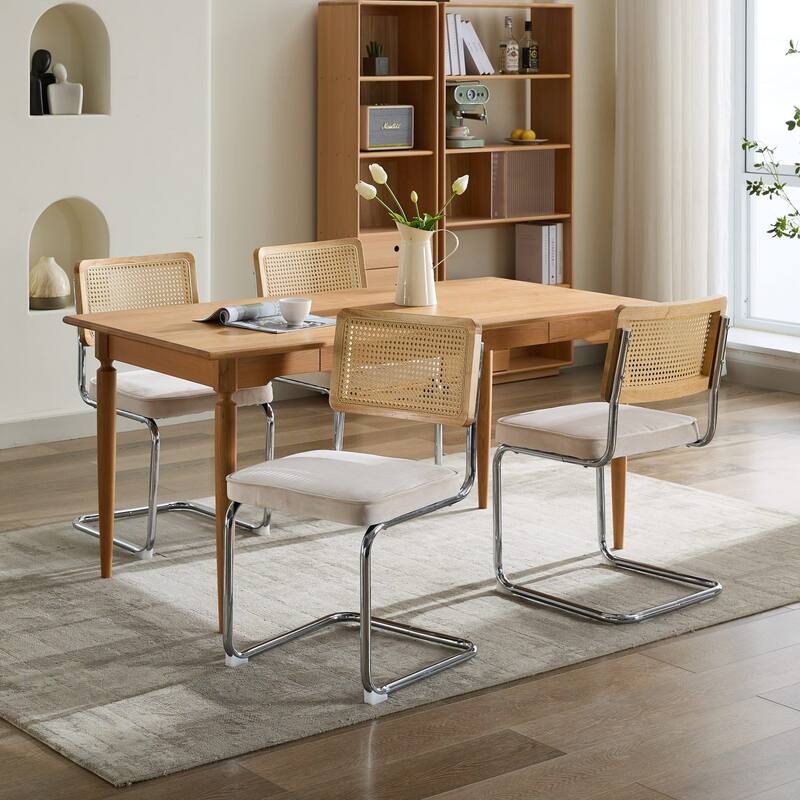 GDF Studio - Mid-Century Linen Dining Chairs with Natural Rattan Cane Back & Chrome Cantilever Base, Set of 2