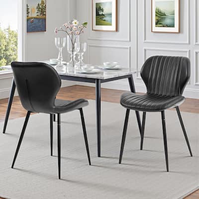 Mid Century Modern Upholstered PU-Dining Chairs with Metal Legs, Set of 2, Black