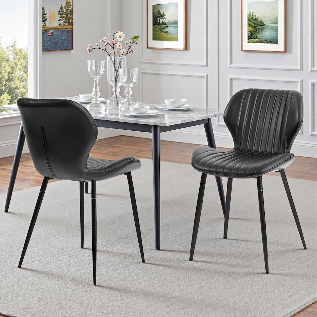 Mid Century Modern Upholstered PU-Dining Chairs with Metal Legs, Set of 2, Black