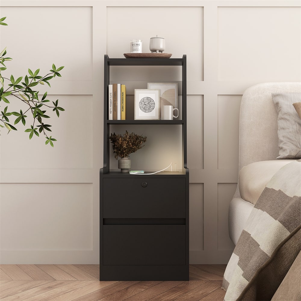 Modern Nightstand with Charging Station, Night Light