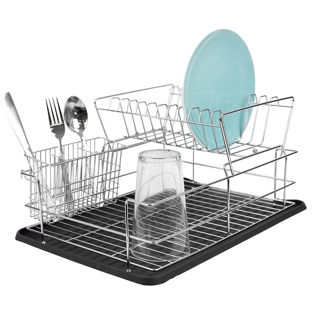 Mainstays 2 Piece Plastic Kitchen Sink Set, Dish Rack with Slide-Out Drip Tray, Black