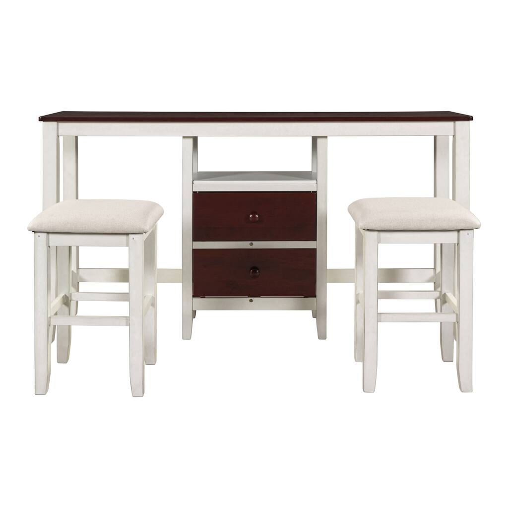 3-piece Counter Height Wood, Dining Set for 2, Bar Set with 2 Storage Drawers and 2 Stools for Small Places, White