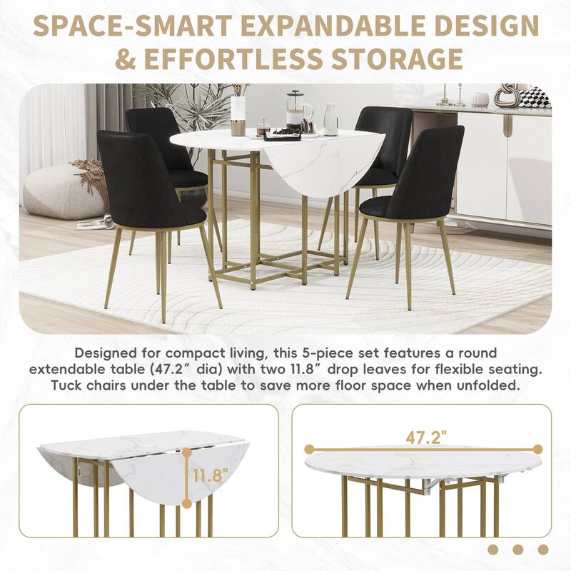 5-Piece Extendable Kitchen Dining Table Set, Round Faux Marble Top with Golden Frame and 4 Upholstered Chairs