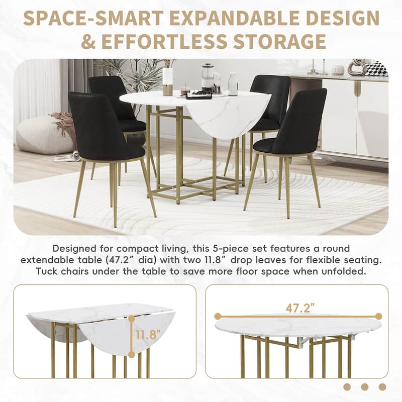 5-Piece Extendable Kitchen Dining Table Set- Round Faux Marble Top, 4 Upholstered Chairs, Compact Foldable Design