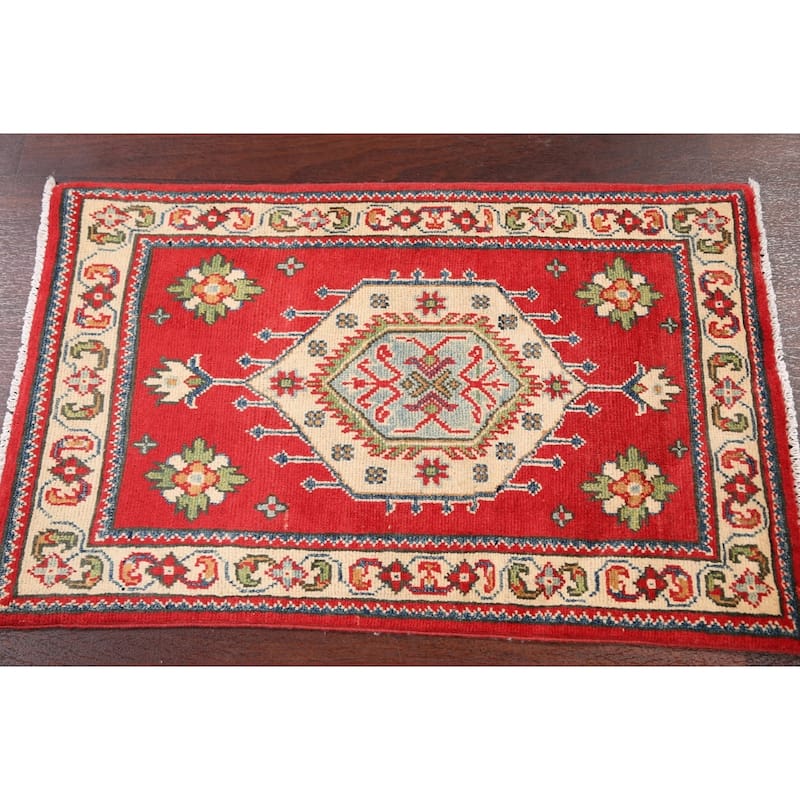 Geometric Super Kazak Oriental Area Rug Hand-Knotted Red Wool Carpet - 2'1" x 3'2"