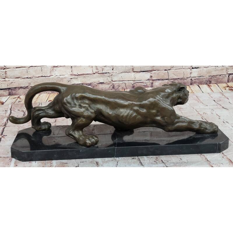 Stalking Panther Cougar Lioness Bronze Sculpture Statue Figure Art On Marble Base