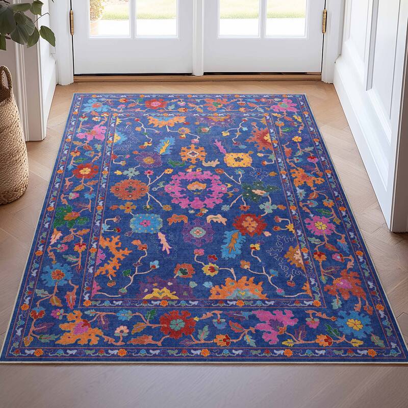 Well Woven Ushak Bodrum Modern Vibrant Floral Flat-Weave Area Rug - 3'11" x 5'3" - Blue Multi