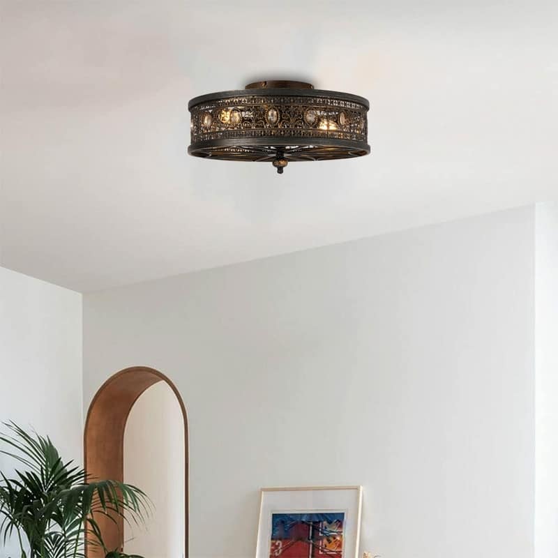 ‎Vintage bulbs light black gold ceiling fan and light metal, Crystal bedroom ceiling light - N/A