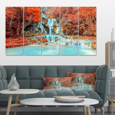 Designart "Rainforest Waterfall Loas" Landscape Photo Canvas Print - Orange