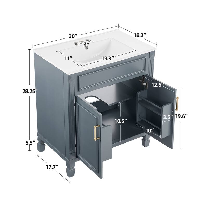 Modern 30" Freestanding Bathroom Vanity Cabinet Wood Frame with Ceramic Sink and Soft-Close Storage