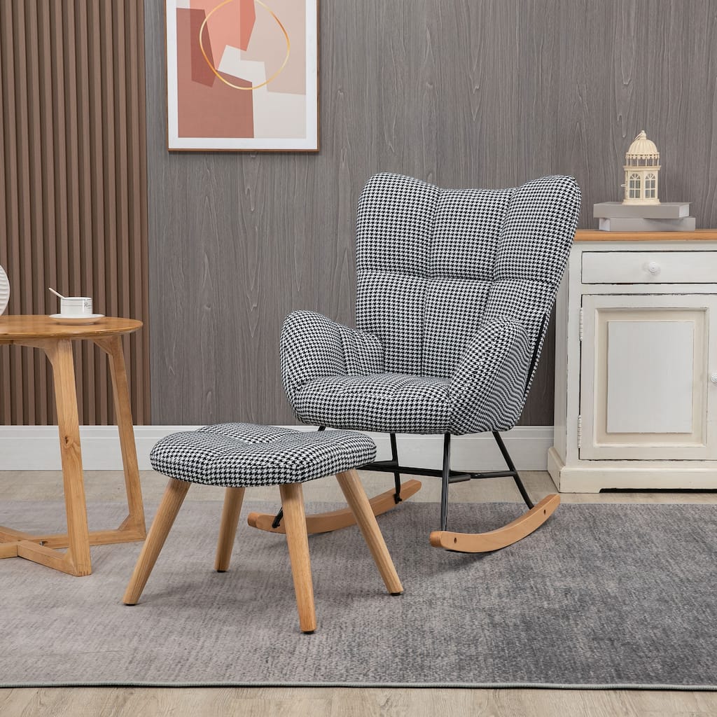 HOMCOM Glider Rocker with Ottoman Set, Houndstooth Nursery Rocking Chair, Upholstered Wingback Armchair