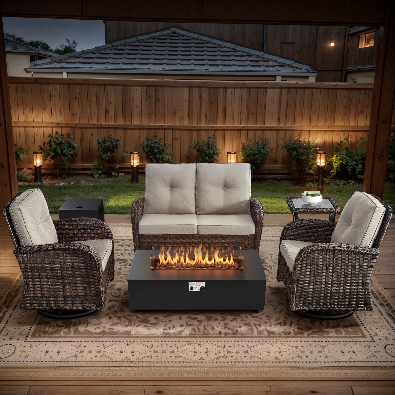 Gymojoy Outdoor Fire Pit Conversation Set, Loveseat Glider Sofa & Swivel Chairs Patio Furniture Set