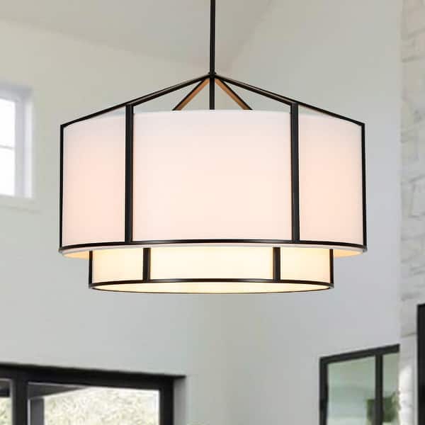 slide 2 of 13, America Traditional 6-Light Two-layer Drum Fabric Pendant Chandelier - 28.1in