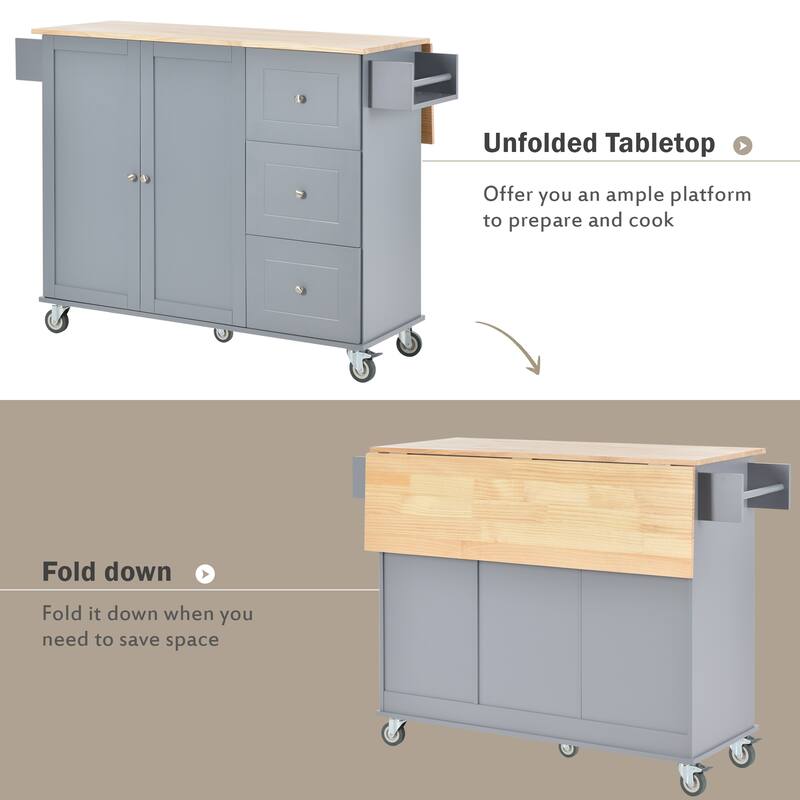 52.76'' Solid wood Kitchen Island with Locking Wheels, Drop Leaf, Adjustable Shelf and 3 Drawers - 52.76'' x 29.5'' x 36.81''