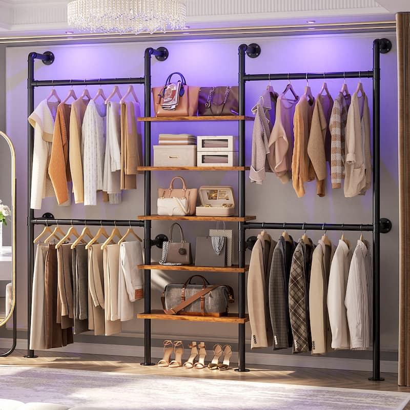 77'' Industrial Pipe Clothing Rack with 5-Tier Shelves, Reversible Closet Organizer System Garment Racks for Hanging Clothes - Rustic Brown
