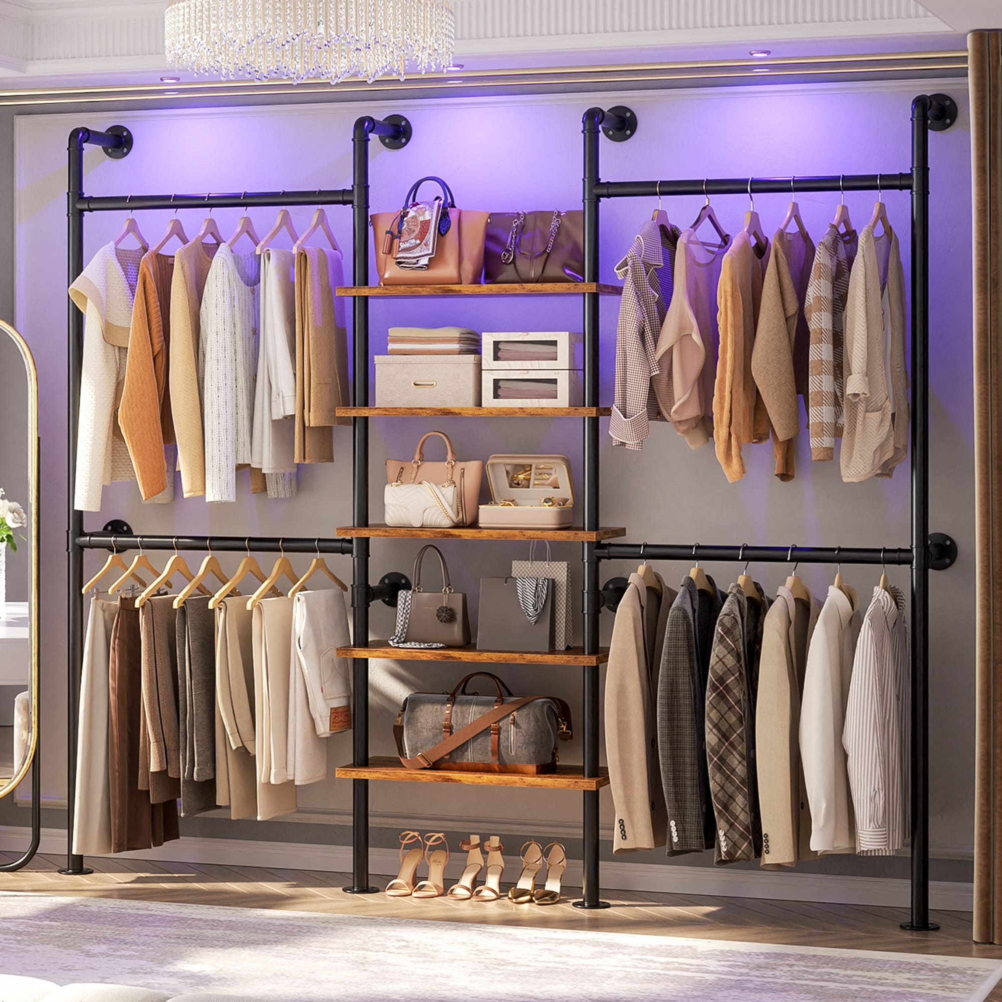 77'' Industrial Pipe Clothing Rack with 5-Tier Shelves, Reversible Closet Organizer System Garment Racks for Hanging Clothes