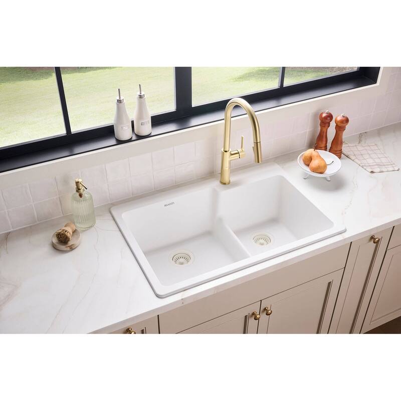 Ruvati 33 x 22 inch epiGranite Drop-in Topmount Granite Composite Quartz Double Bowl Kitchen Sink - Arctic White - RVG1347WH