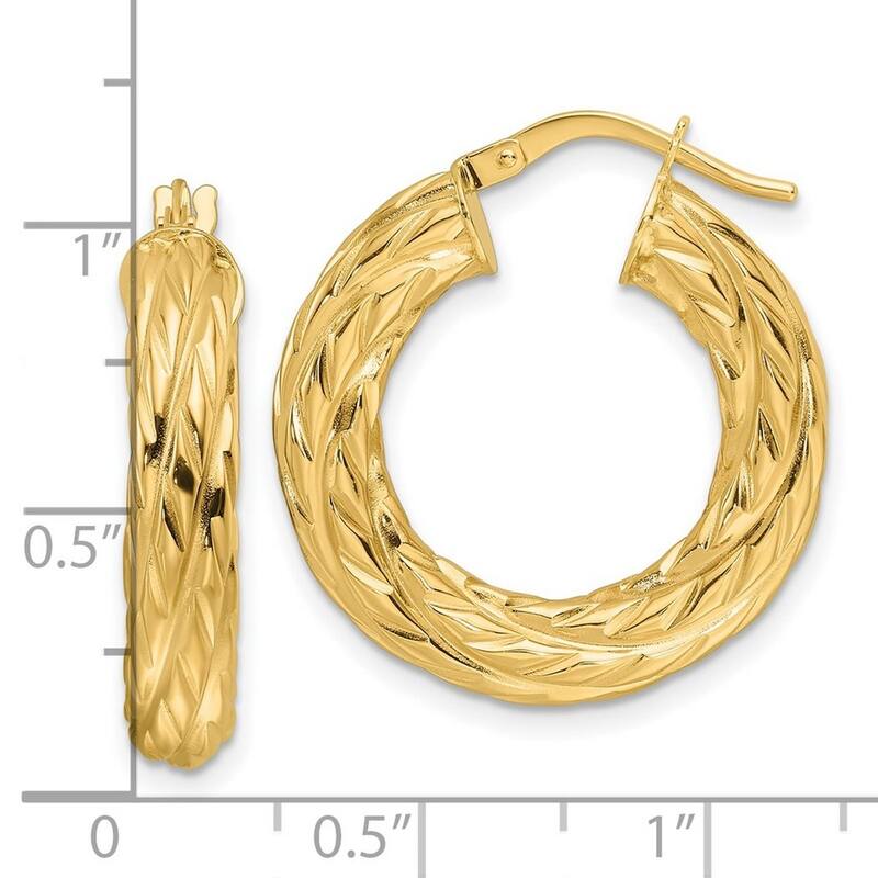 Curata 14k Yellow Gold Polished Woven Texture 4.75mm Round Hoop Earrings - 24.9x23.6mm