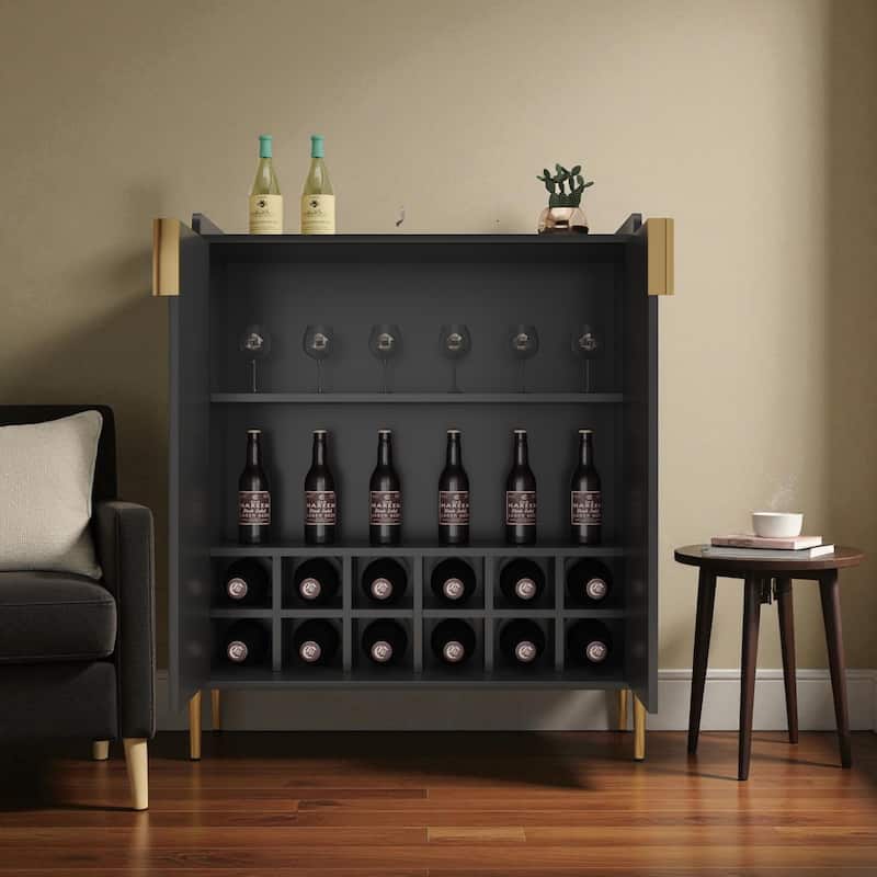 Modern 2-Door Wine Bar Cabinet with Bottle Storage Rack and Adjustable Shelf, Buffet Sideboard for Kitchen or Coffee Bar