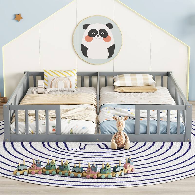 Nestfair Double Twin Floor Bed with Fence, Guardrails, without door