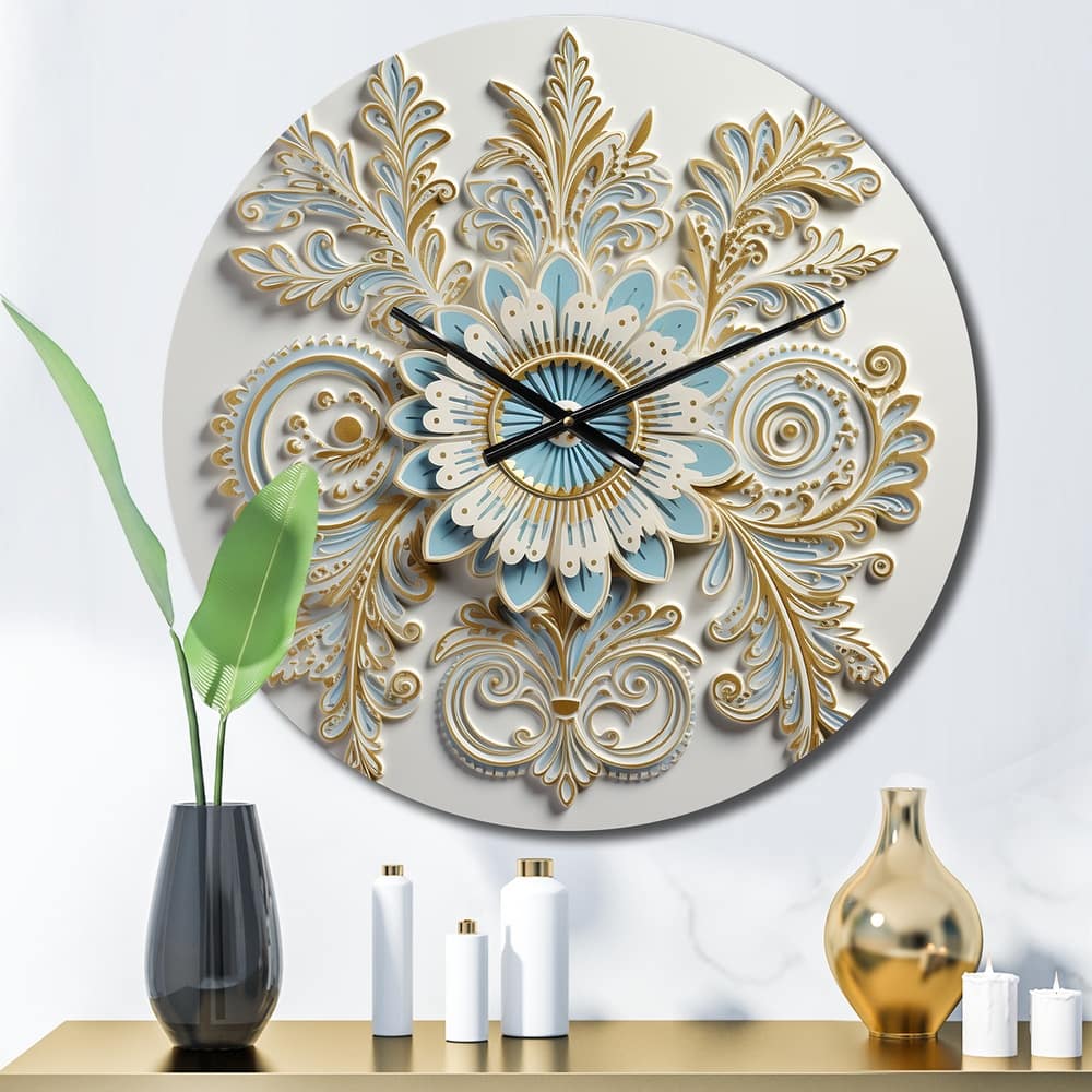 Designart "White Blue Stylish Boho Floral Arrangements" Abstract Botanicals Oversized Wall Clock