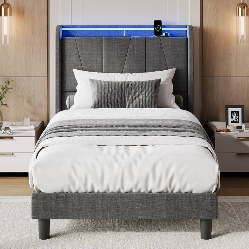 Twin Size Bed Frame with Charging Station and LED Lights, Modern Platform Bed with Slats